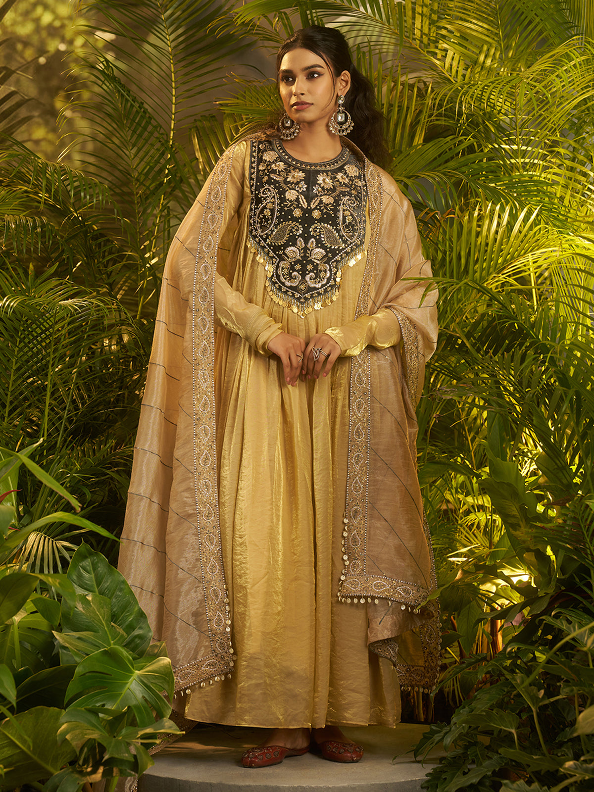 Golden Beige Embroidered Anarkali Suit with Black Designer Yoke & Dupatta