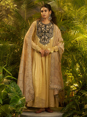 Golden Beige Embroidered Anarkali Suit with Black Designer Yoke & Dupatta