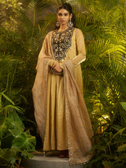 Golden Beige Embroidered Anarkali Suit with Black Designer Yoke & Dupatta