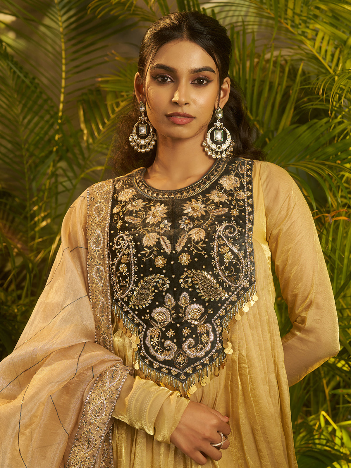 Golden Beige Embroidered Anarkali Suit with Black Designer Yoke & Dupatta