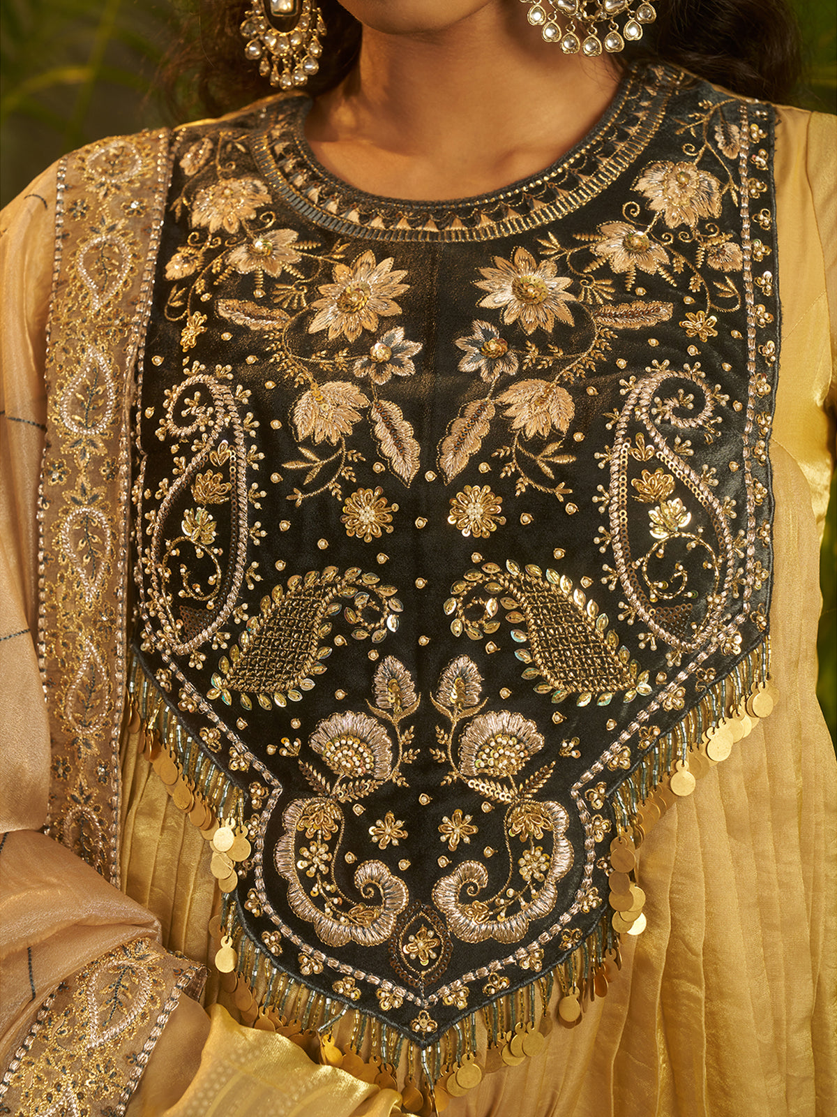 Golden Beige Embroidered Anarkali Suit with Black Designer Yoke & Dupatta