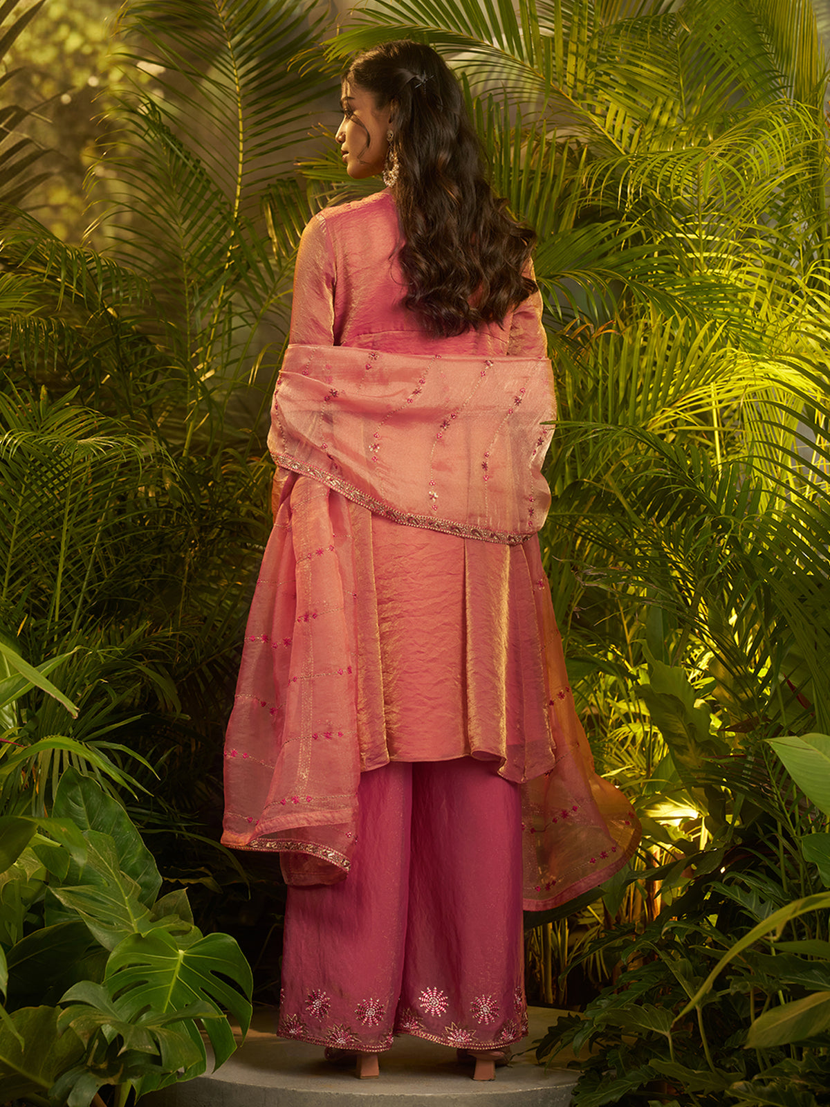 Dusty Pink Embroidered Kurta Palazzo Set with Designer Dupatta