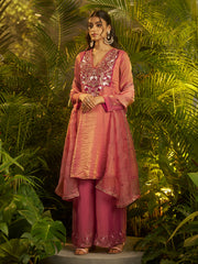 Dusty Pink Embroidered Kurta Palazzo Set with Designer Dupatta