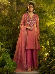 Dusty Pink Embroidered Kurta Palazzo Set with Designer Dupatta