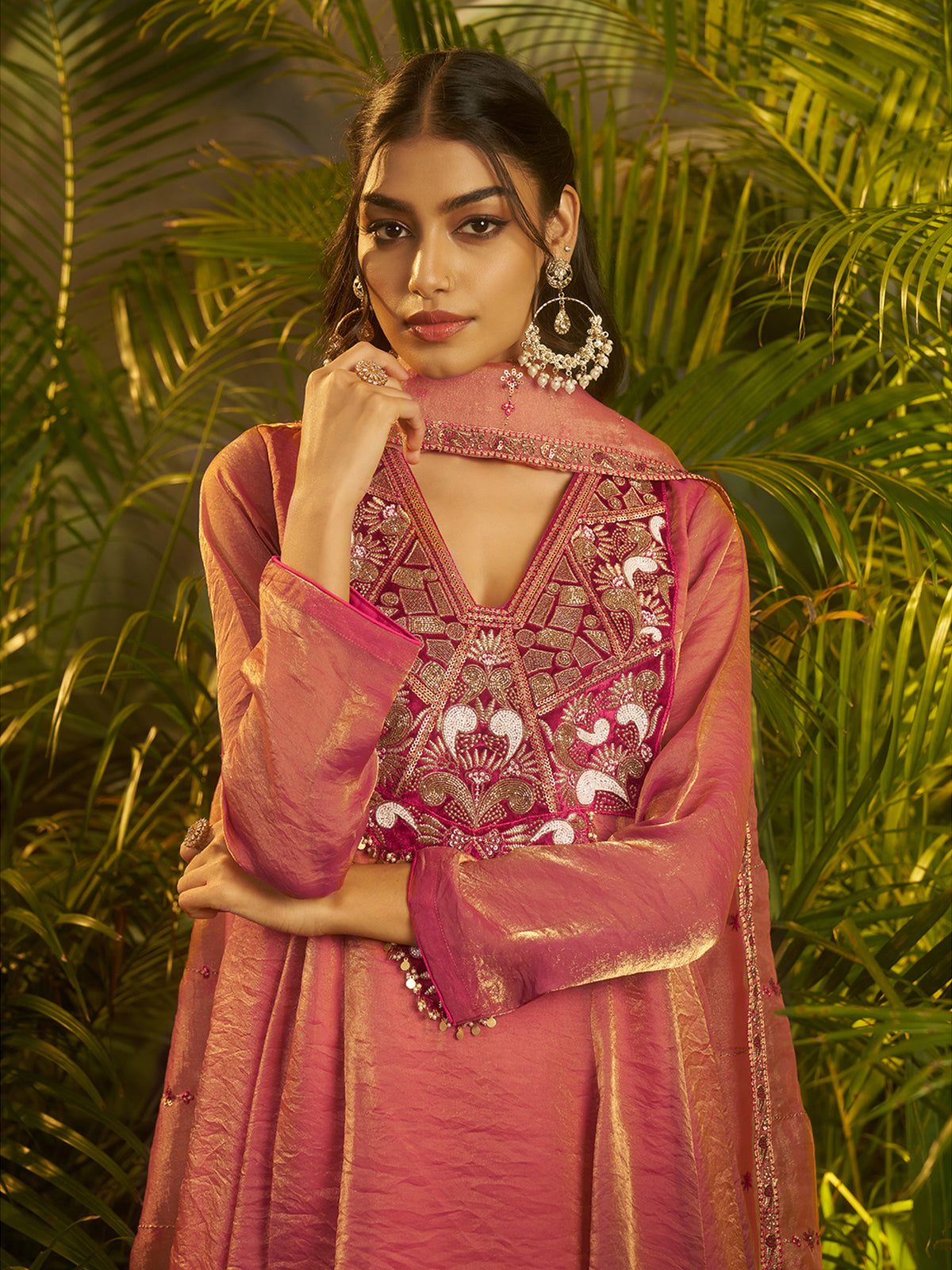 Dusty Pink Embroidered Kurta Palazzo Set with Designer Dupatta