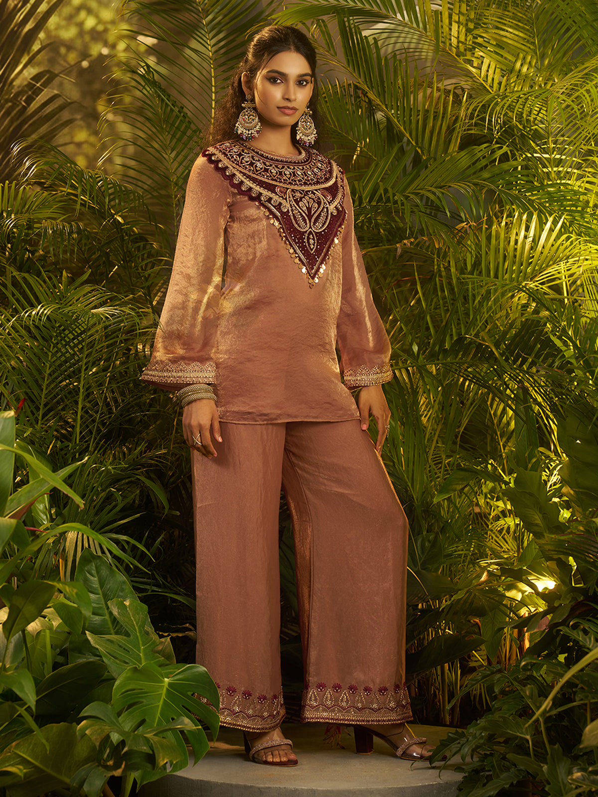 Mocha Brown Embroidered Kurta Palazzo Set with Maroon Designer Yoke