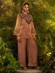 Mocha Brown Embroidered Kurta Palazzo Set with Maroon Designer Yoke