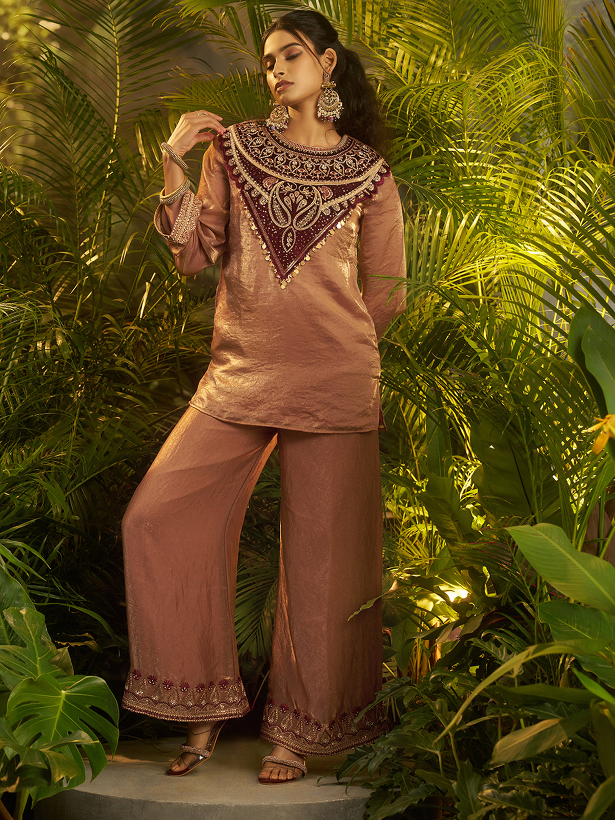 Mocha Brown Embroidered Kurta Palazzo Set with Maroon Designer Yoke