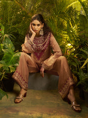 Mocha Brown Embroidered Kurta Palazzo Set with Maroon Designer Yoke