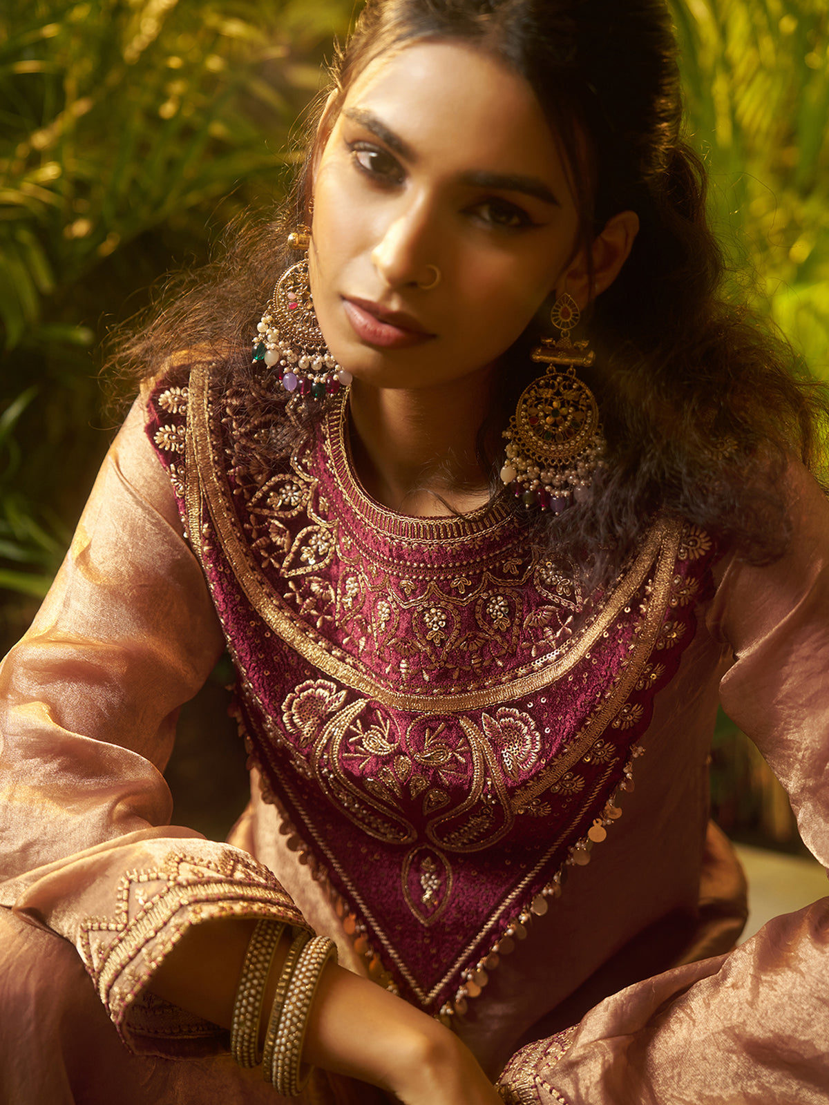 Mocha Brown Embroidered Kurta Palazzo Set with Maroon Designer Yoke