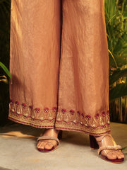Mocha Brown Embroidered Kurta Palazzo Set with Maroon Designer Yoke