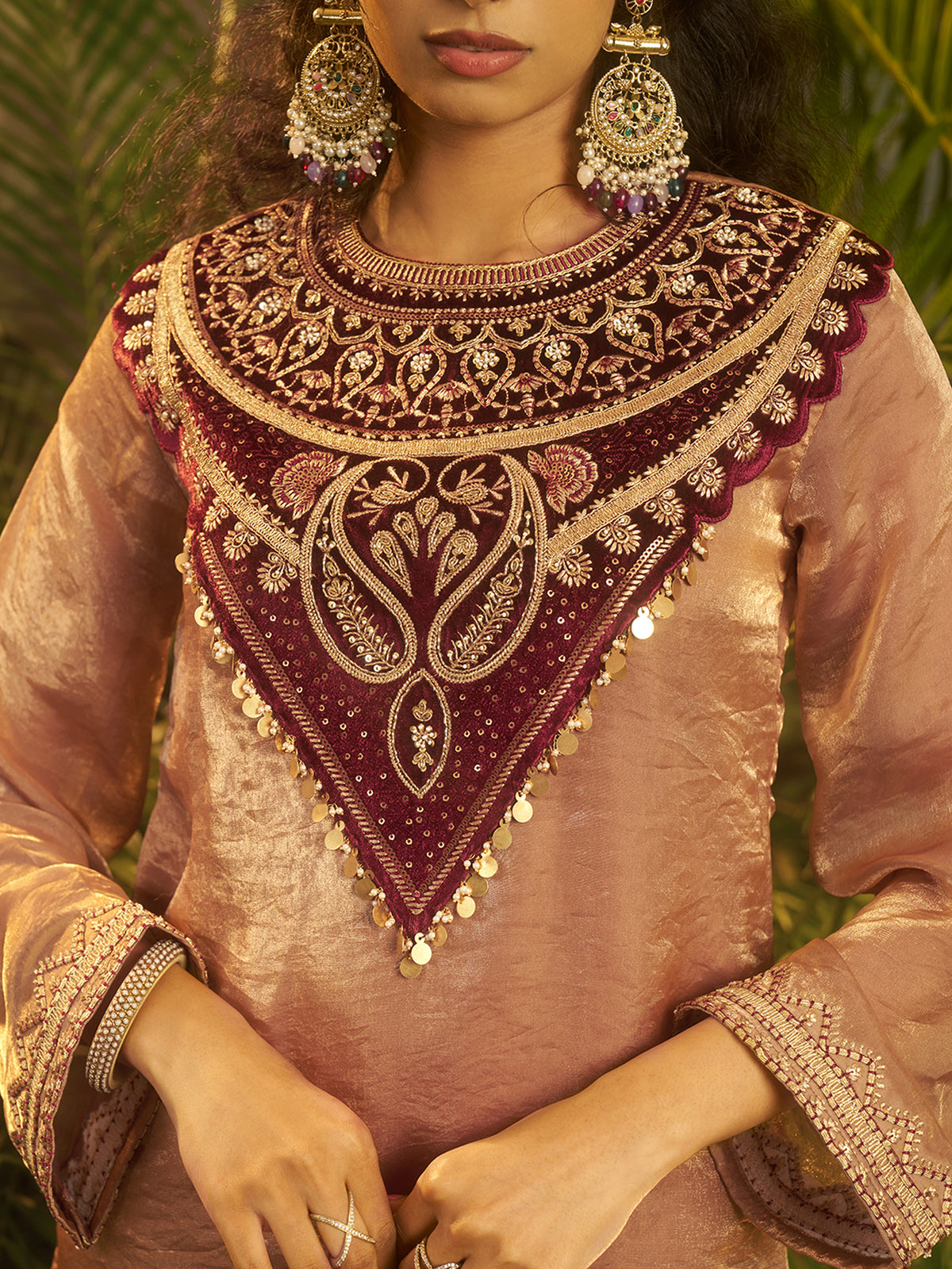 Mocha Brown Embroidered Kurta Palazzo Set with Maroon Designer Yoke