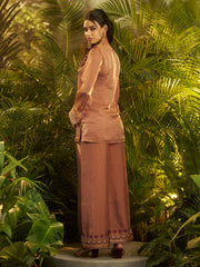 Mocha Brown Embroidered Kurta Palazzo Set with Maroon Designer Yoke