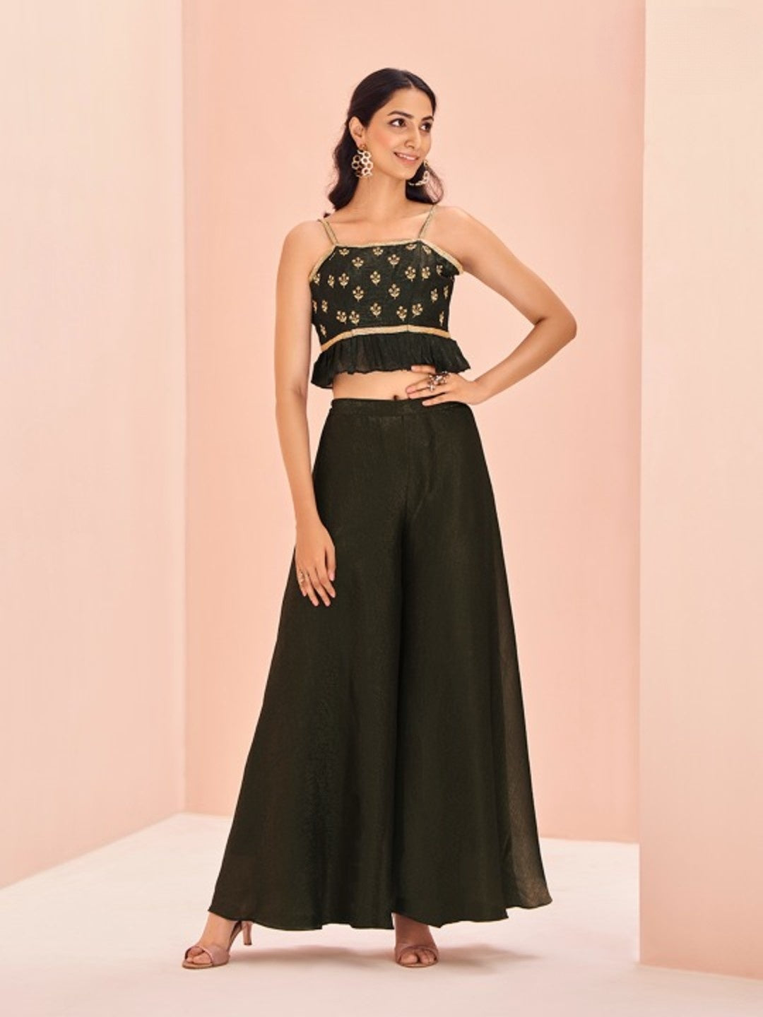 Black Embroidered Peplum Top with Palazzo Pants Set for Women