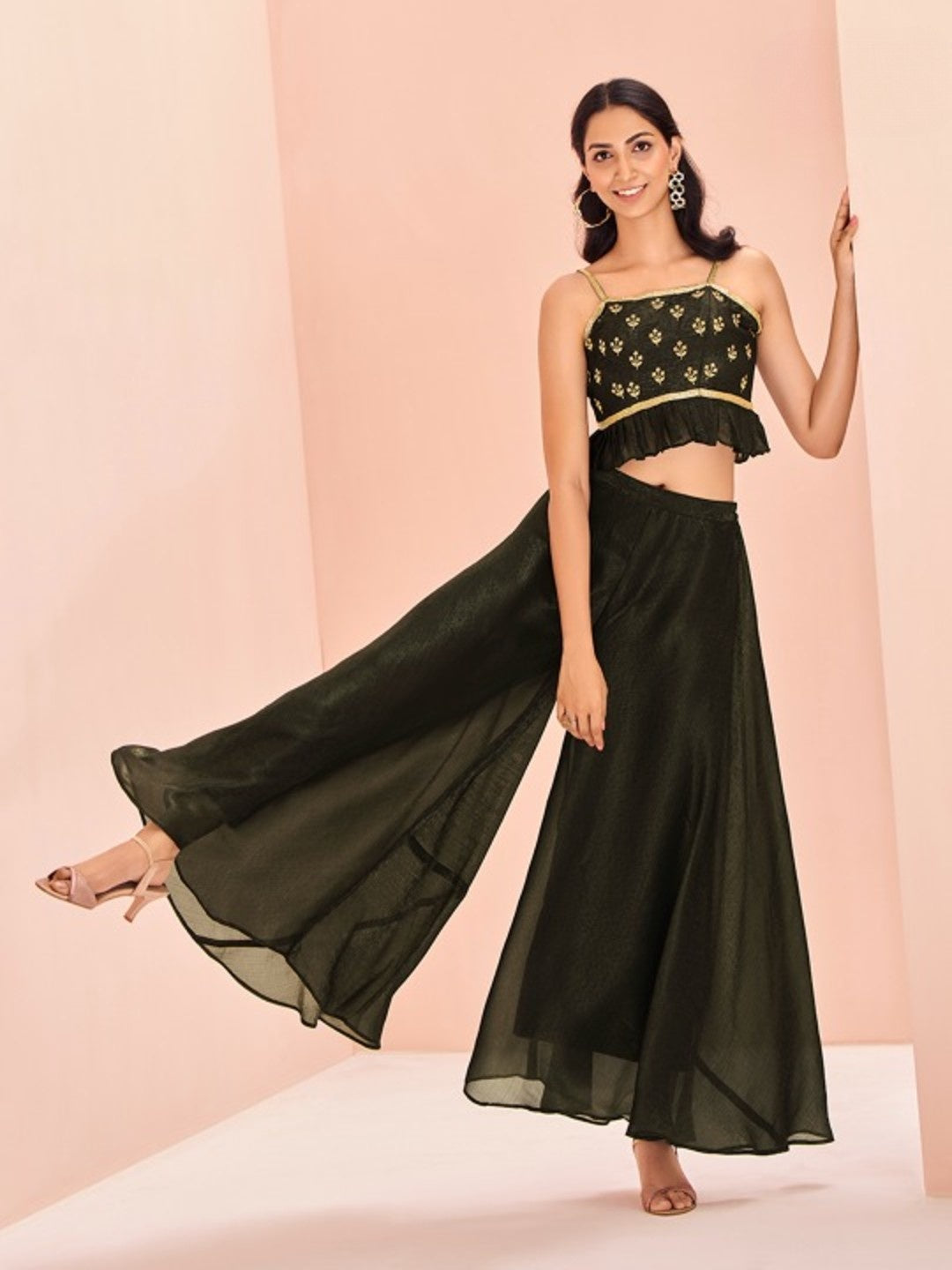 Black Embroidered Peplum Top with Palazzo Pants Set for Women
