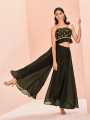 Black Embroidered Peplum Top with Palazzo Pants Set for Women