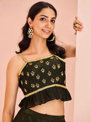 Black Embroidered Peplum Top with Palazzo Pants Set for Women