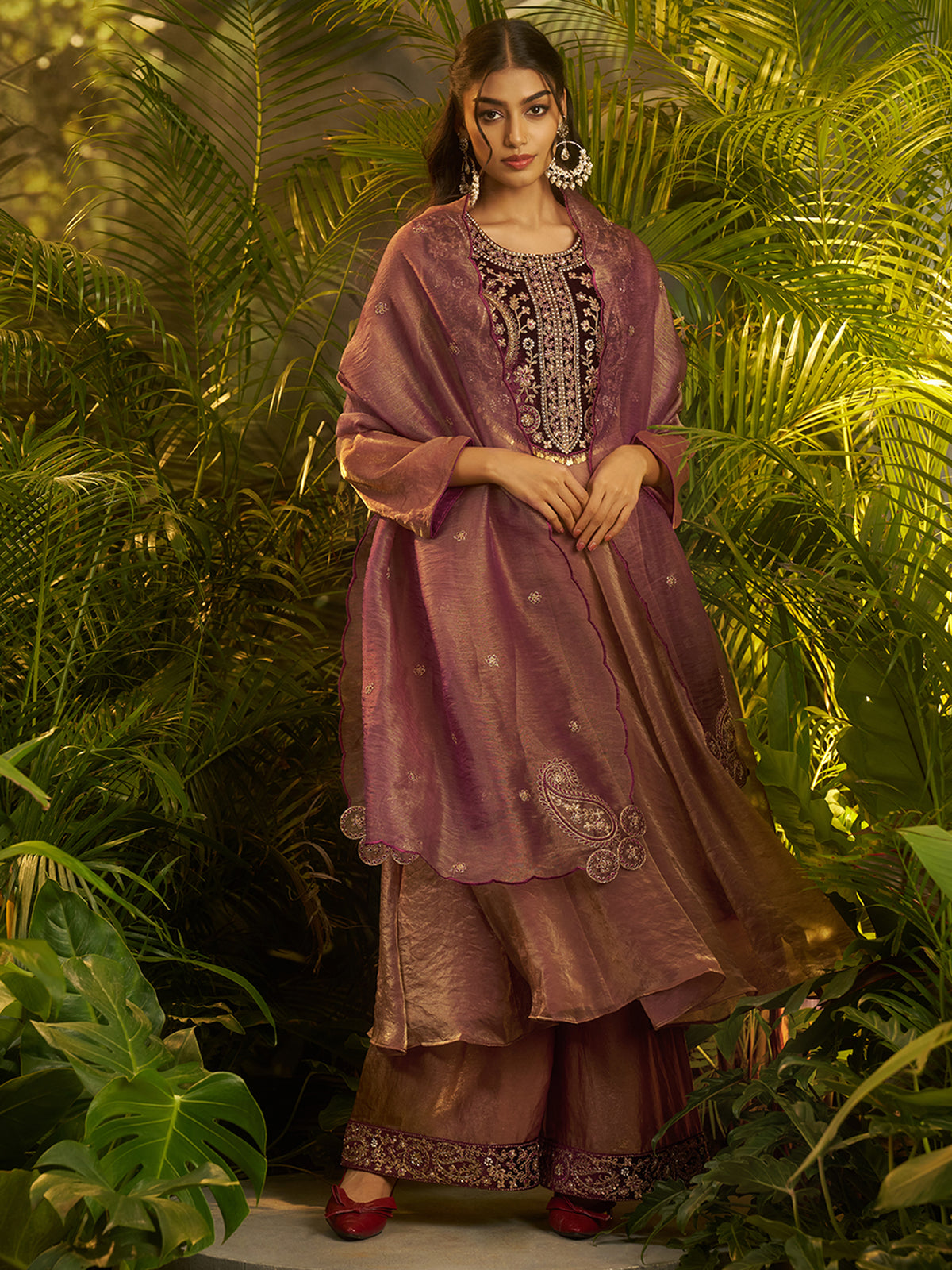 Purple Embroidered Palazzo Suit Set with Designer Dupatta