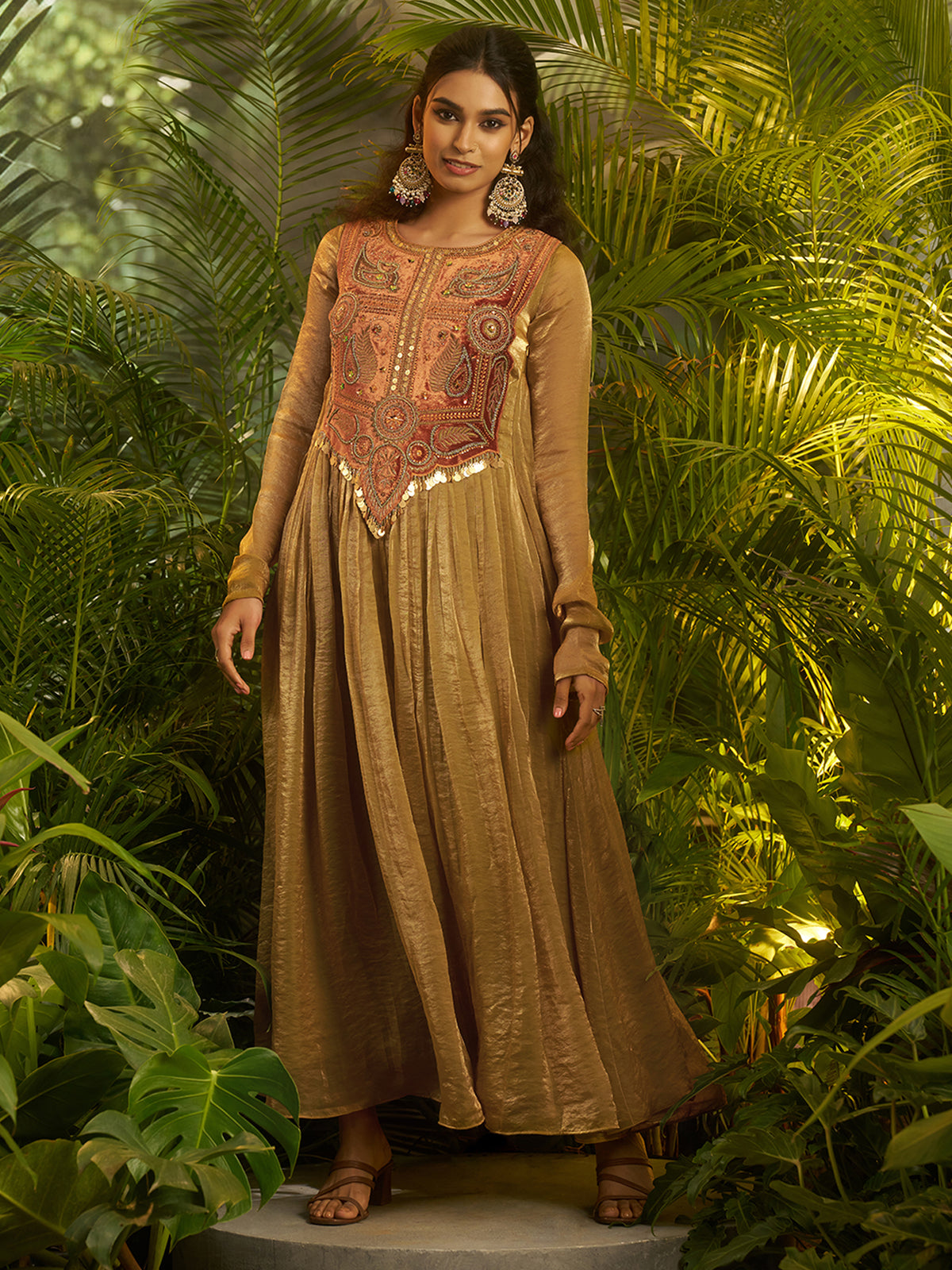 Mustard Gold Embroidered Anarkali Suit with Ethnic Detailing