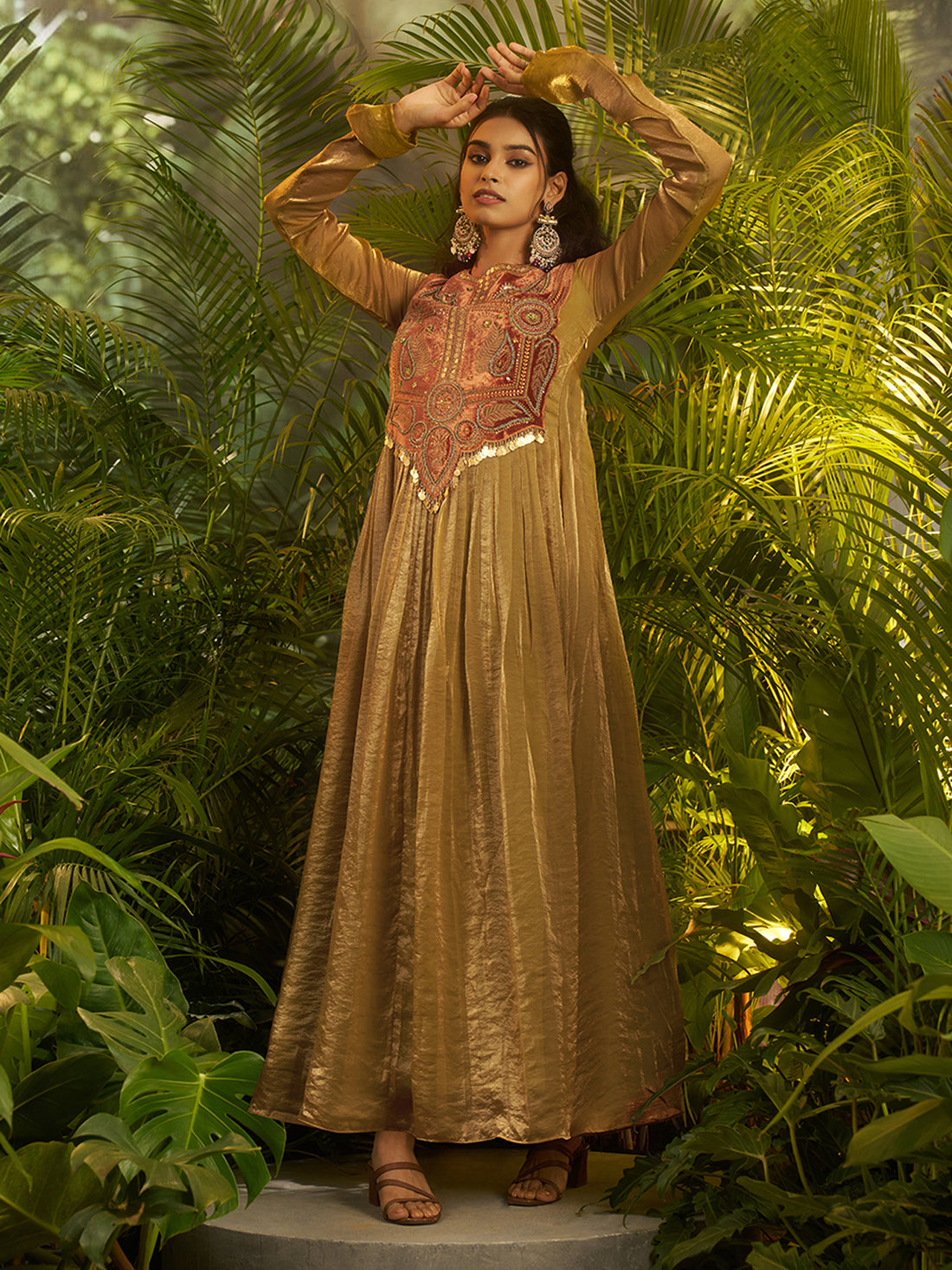 Mustard Gold Embroidered Anarkali Suit with Ethnic Detailing