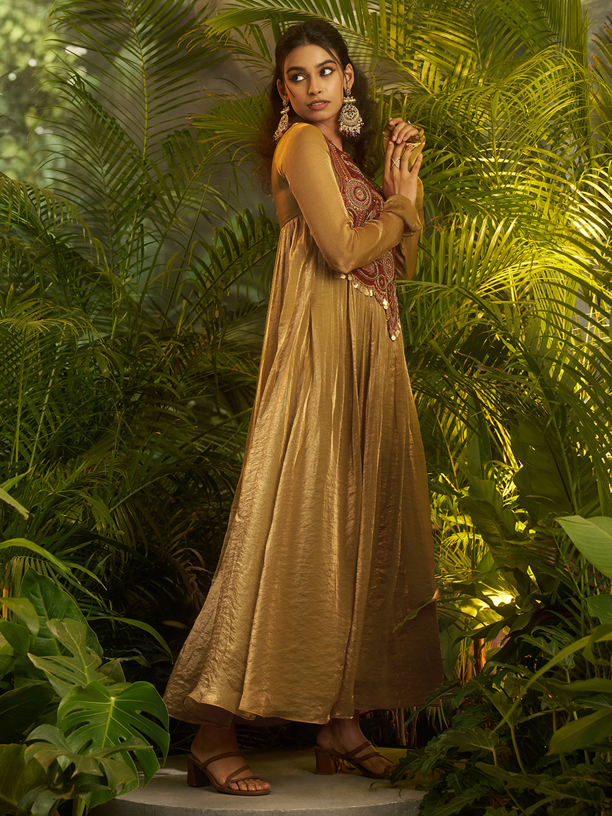 Mustard Gold Embroidered Anarkali Suit with Ethnic Detailing