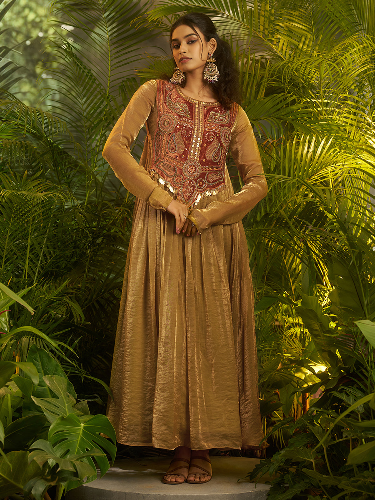 Mustard Gold Embroidered Anarkali Suit with Ethnic Detailing