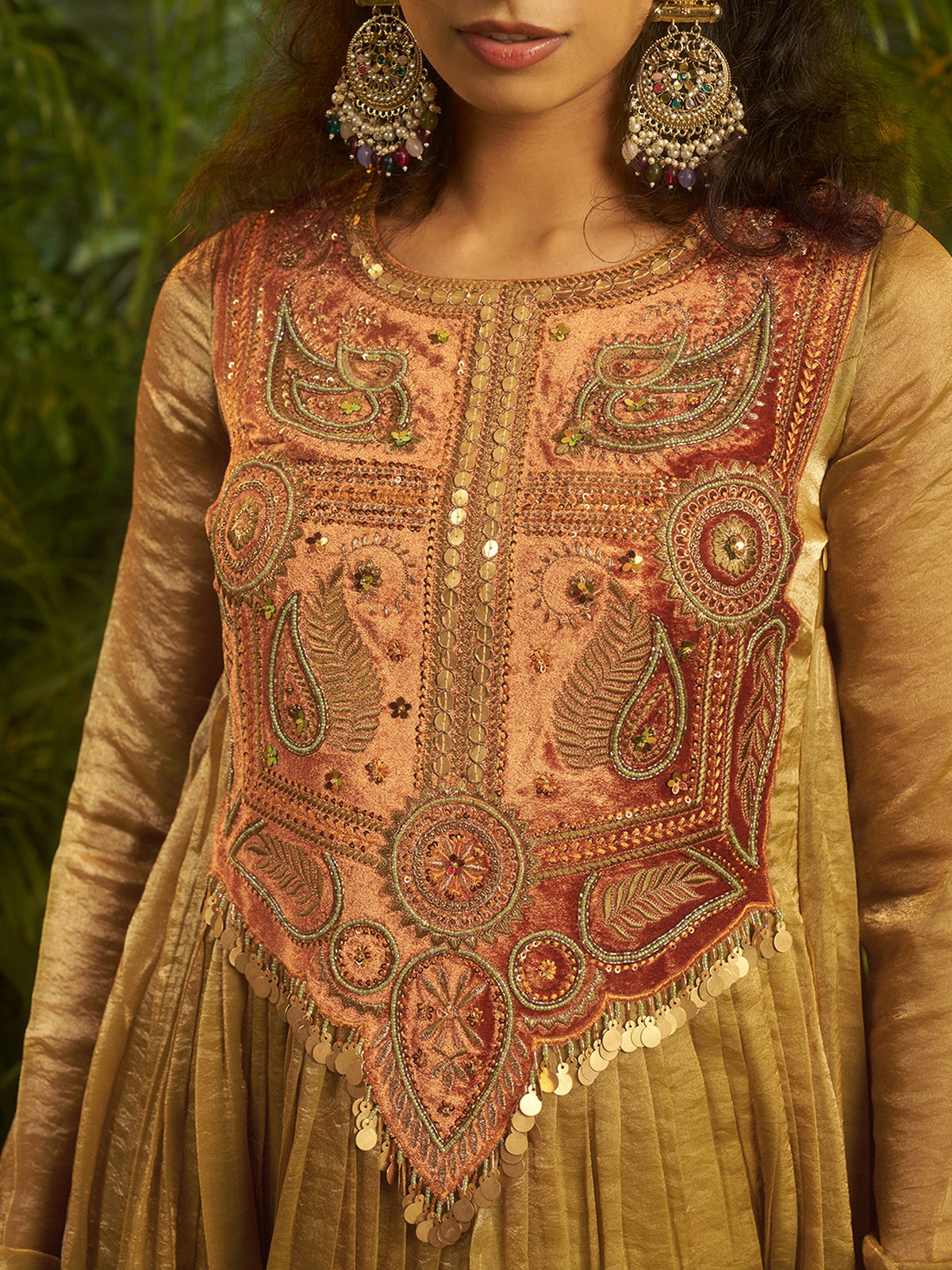Mustard Gold Embroidered Anarkali Suit with Ethnic Detailing