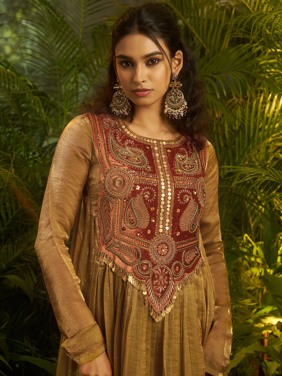 Mustard Gold Embroidered Anarkali Suit with Ethnic Detailing