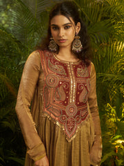 Mustard Gold Embroidered Anarkali Suit with Ethnic Detailing