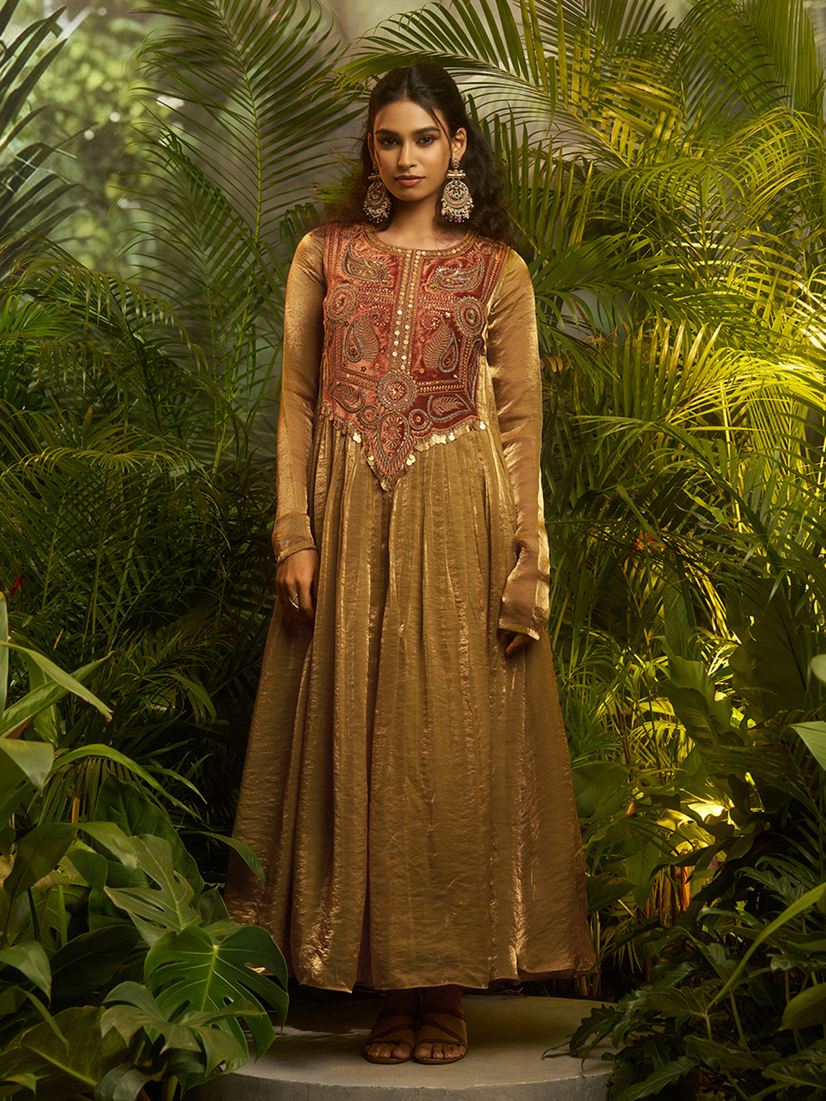 Mustard Gold Embroidered Anarkali Suit with Ethnic Detailing