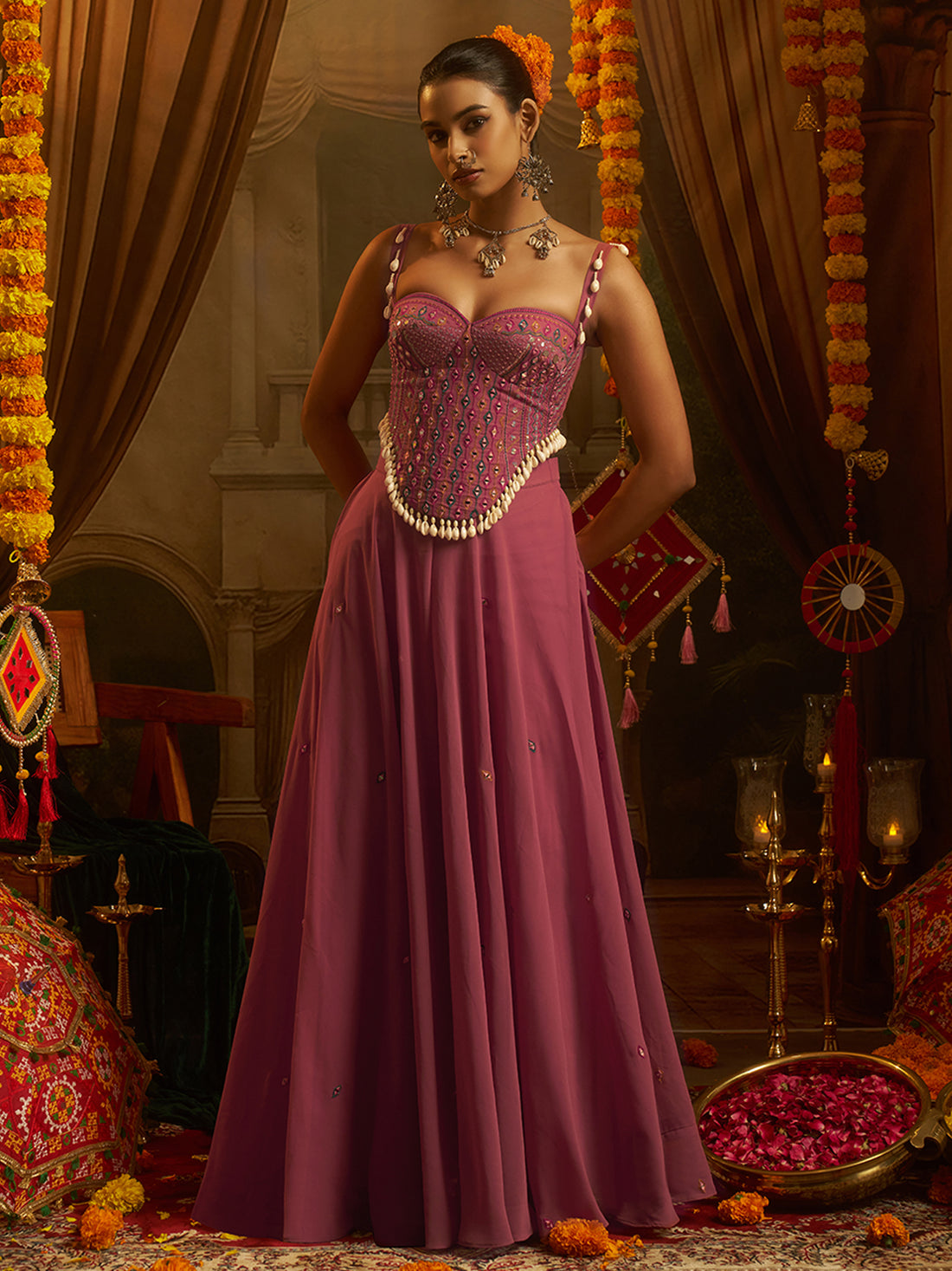 Pink Georgette Thread & Mirror Work Palazzo Set