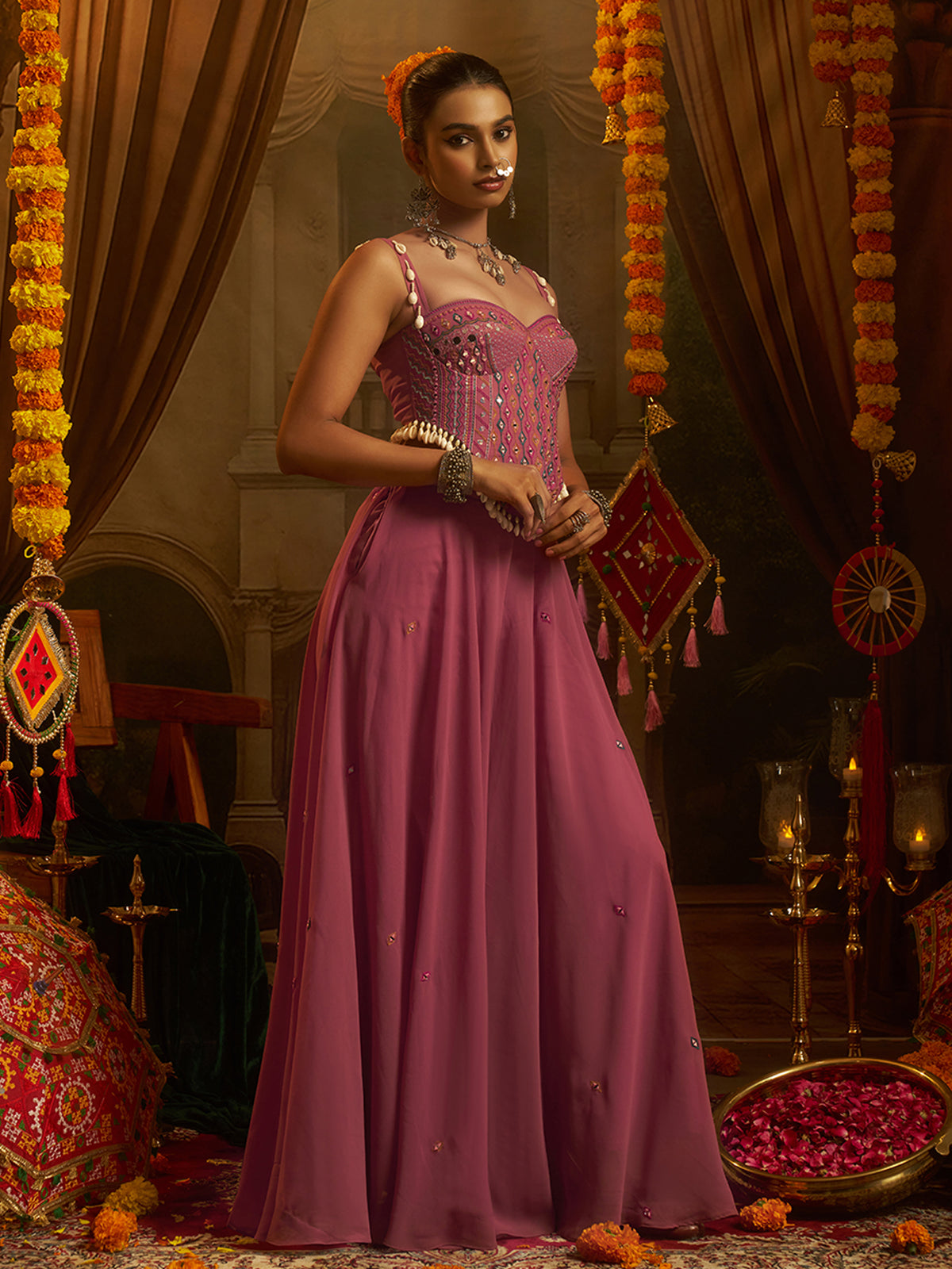 Pink Georgette Thread & Mirror Work Palazzo Set