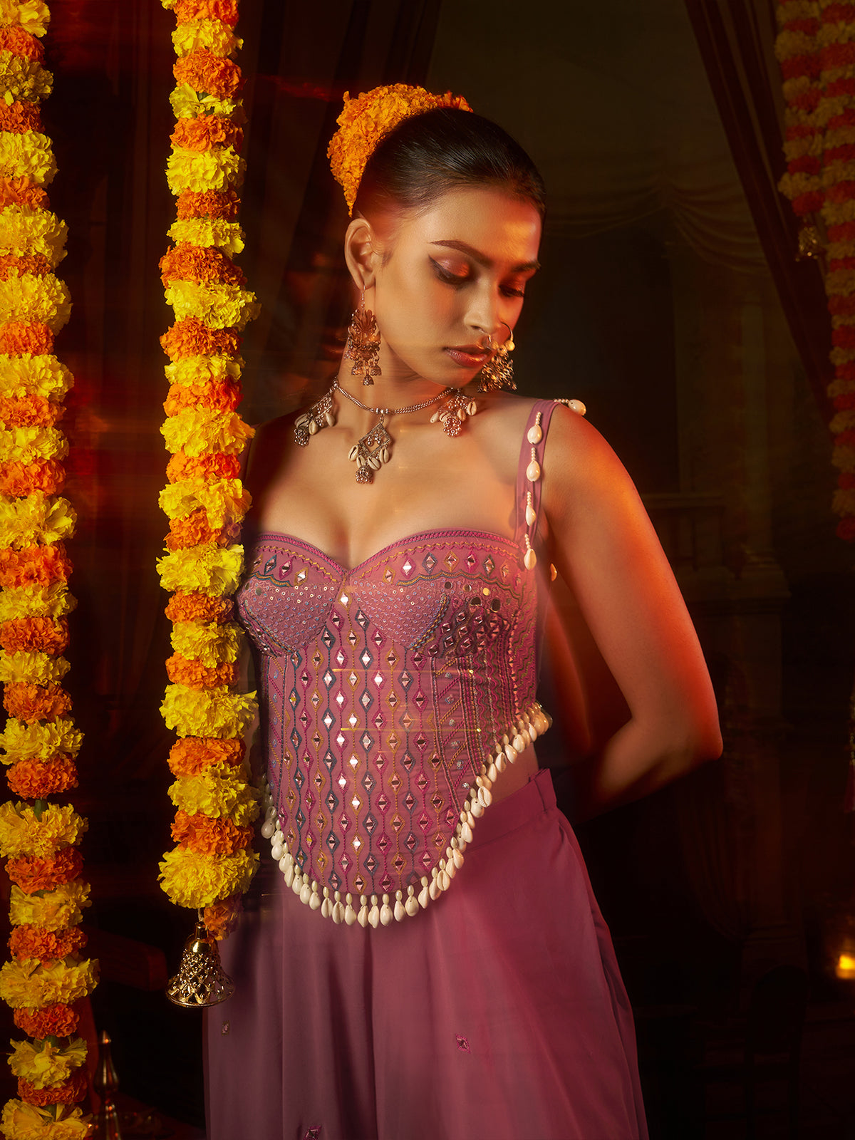 Pink Georgette Thread & Mirror Work Palazzo Set