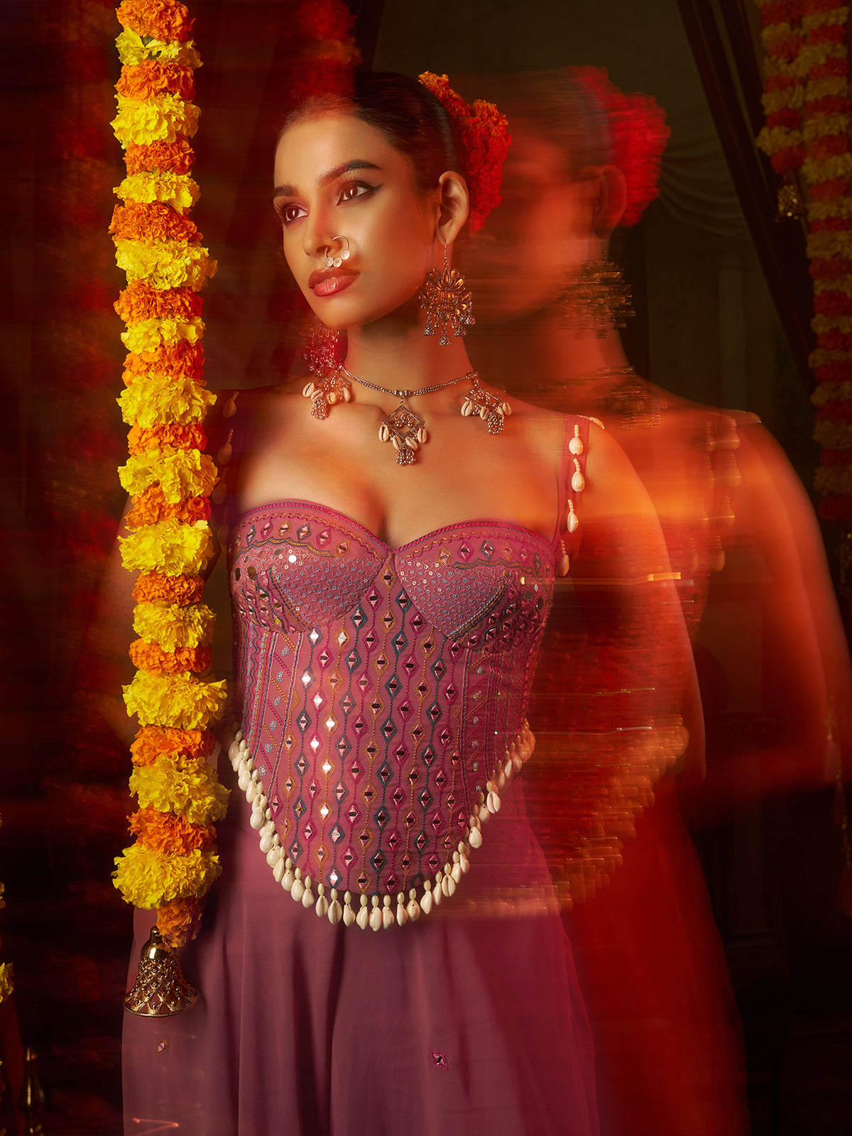 Pink Georgette Thread & Mirror Work Palazzo Set