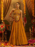 Mustard Yellow Embroidered Halter Neck Gown with Tassel Details