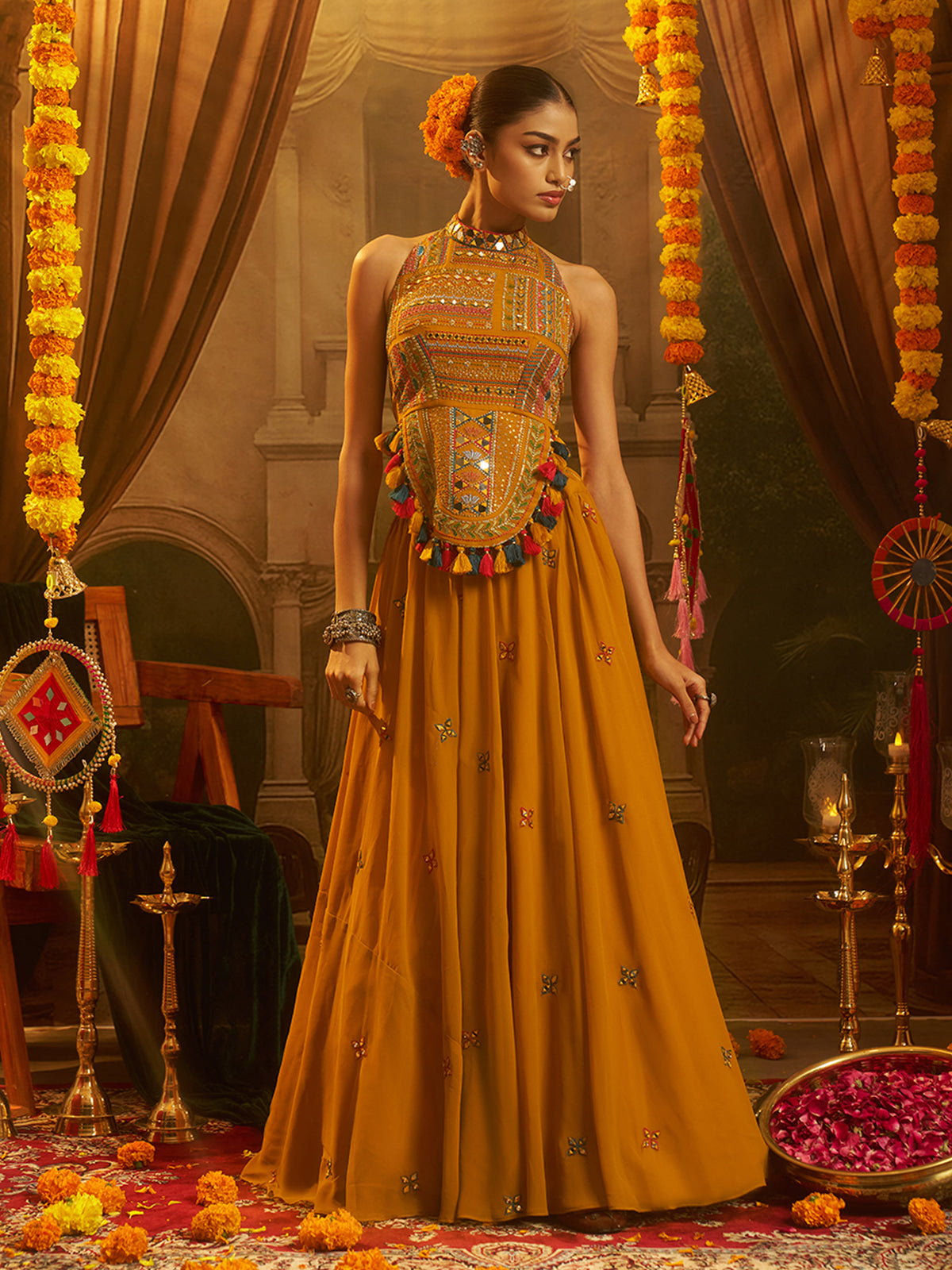 Mustard Yellow Embroidered Halter Neck Gown with Tassel Details