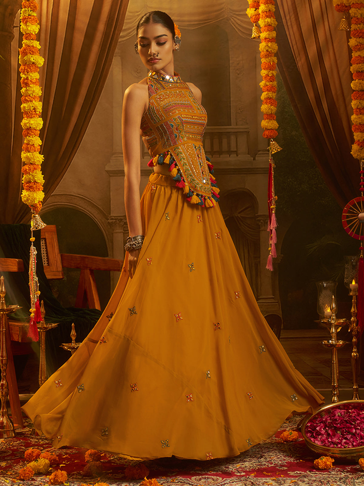 Mustard Yellow Embroidered Halter Neck Gown with Tassel Details