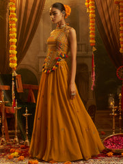 Mustard Yellow Embroidered Halter Neck Gown with Tassel Details