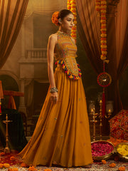 Mustard Yellow Embroidered Halter Neck Gown with Tassel Details