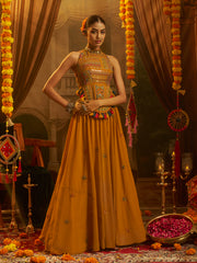 Mustard Yellow Embroidered Halter Neck Gown with Tassel Details