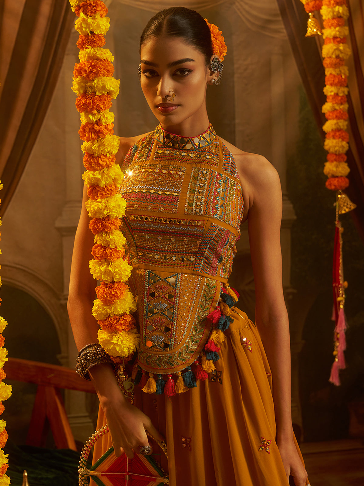 Mustard Yellow Embroidered Halter Neck Gown with Tassel Details