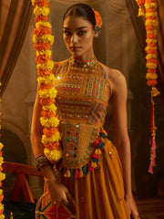 Mustard Yellow Embroidered Halter Neck Gown with Tassel Details