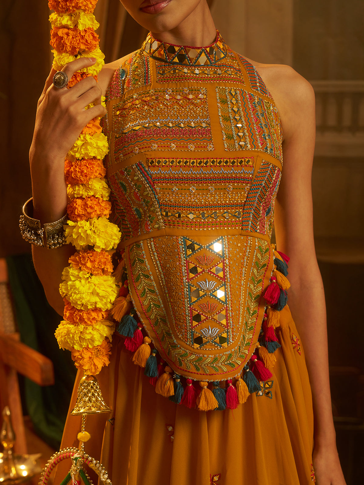 Mustard Yellow Embroidered Halter Neck Gown with Tassel Details