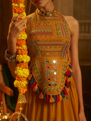 Mustard Yellow Embroidered Halter Neck Gown with Tassel Details
