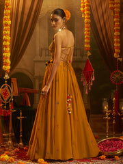 Mustard Yellow Embroidered Halter Neck Gown with Tassel Details