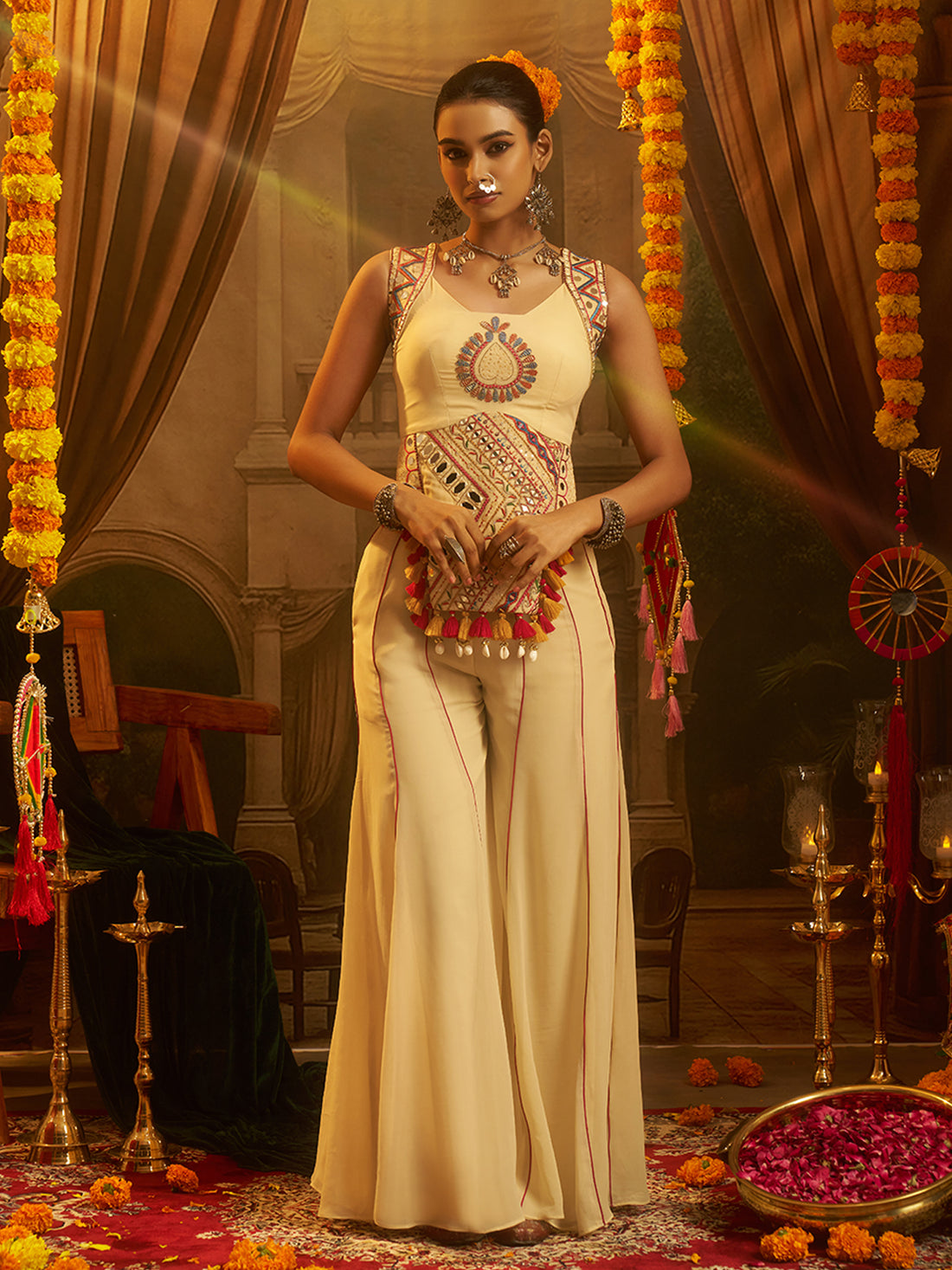 Cream Georgette Mirror & Thread Work Palazzo Set