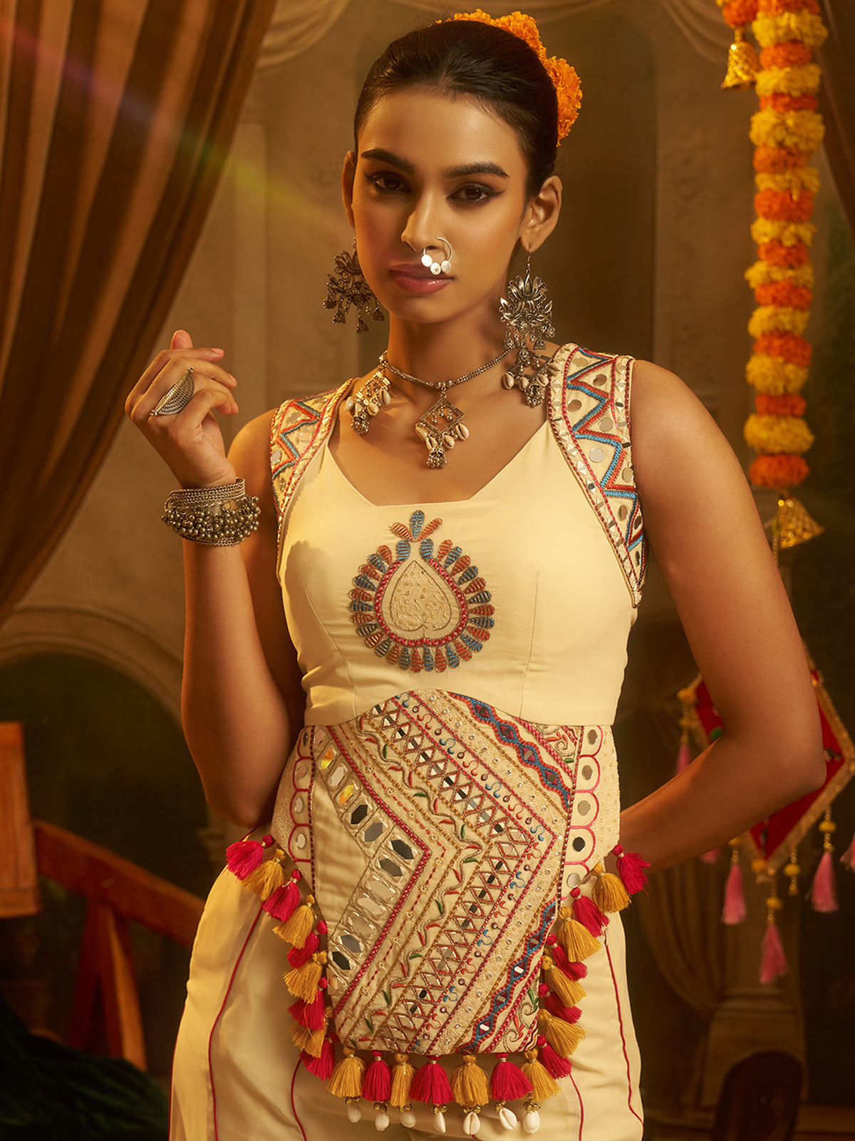 Cream Georgette Mirror & Thread Work Palazzo Set