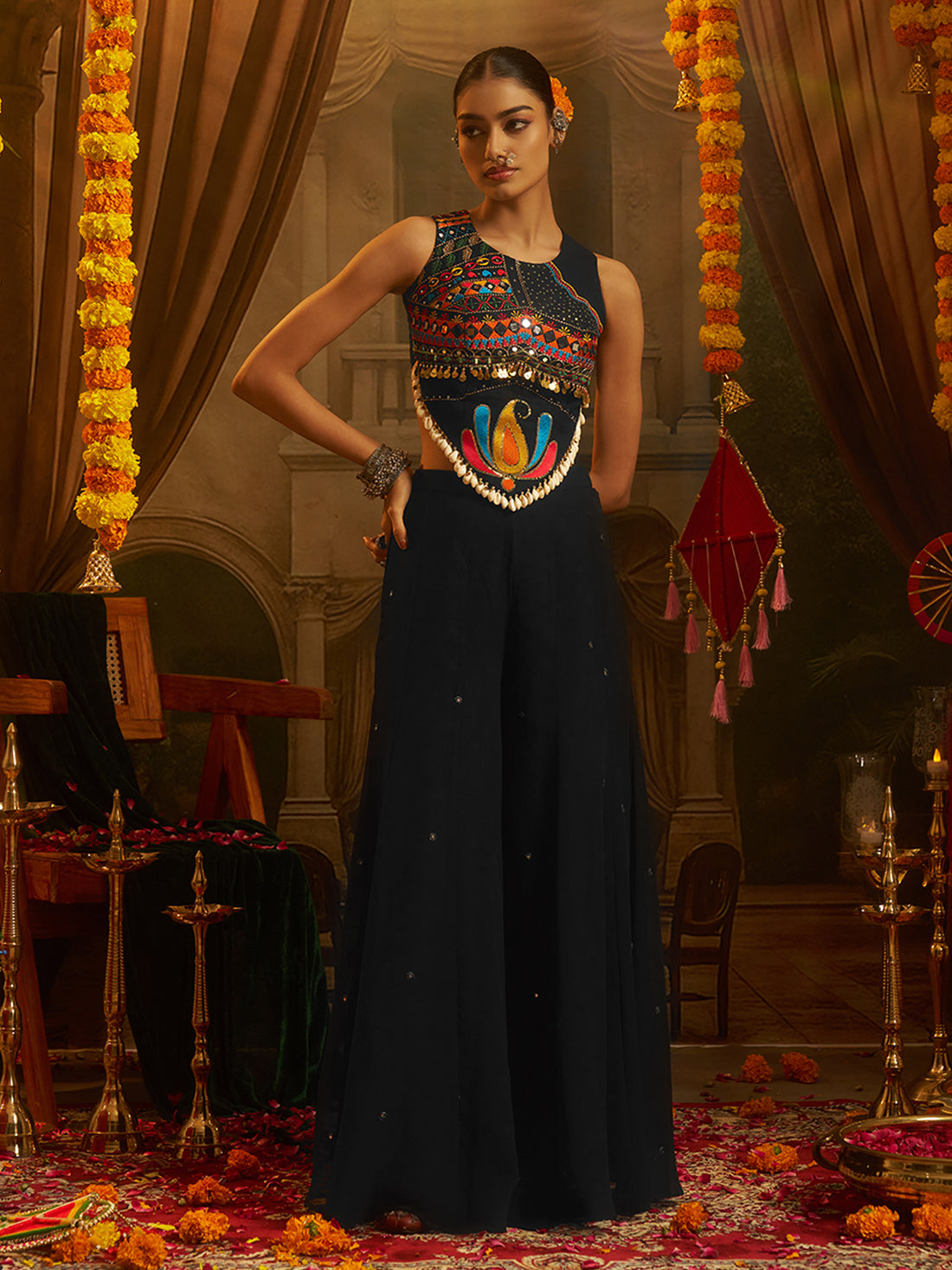 Black Embroidered Indo-Western Palazzo Set with Multicolor Mirror Work