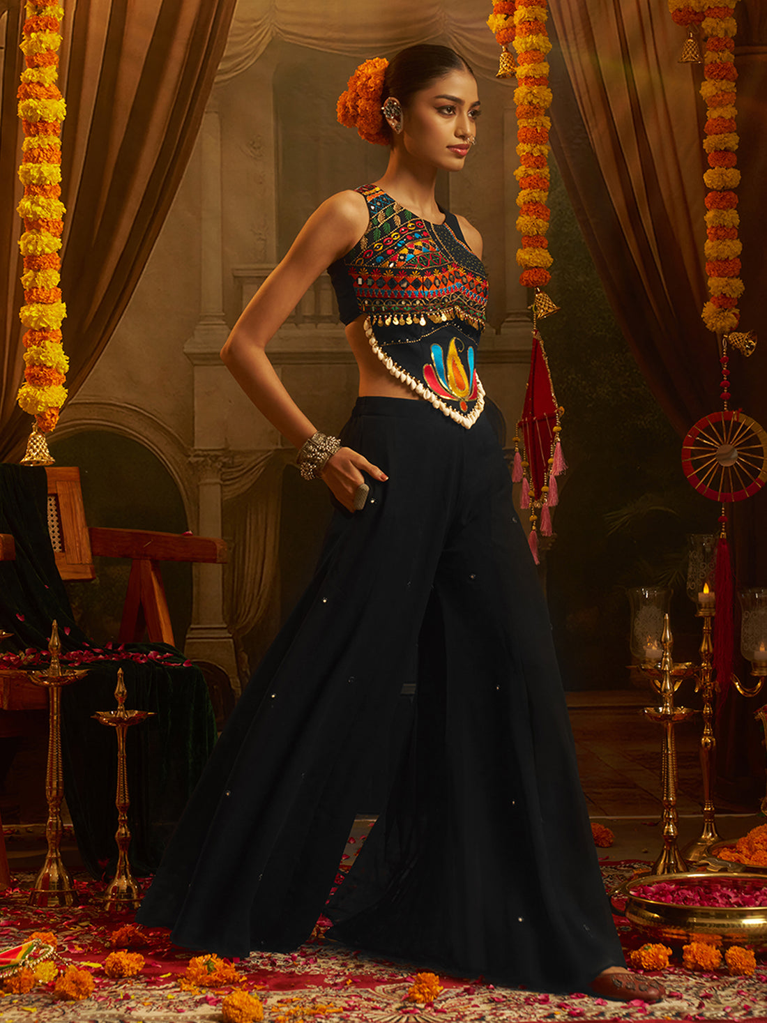 Black Embroidered Indo-Western Palazzo Set with Multicolor Mirror Work