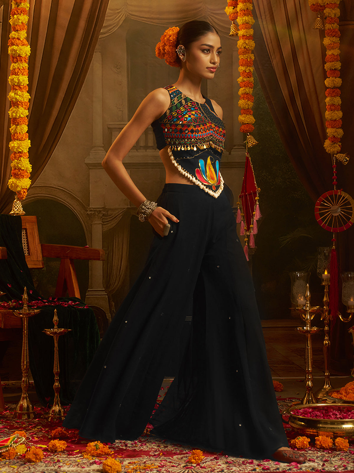Black Embroidered Indo-Western Palazzo Set with Multicolor Mirror Work